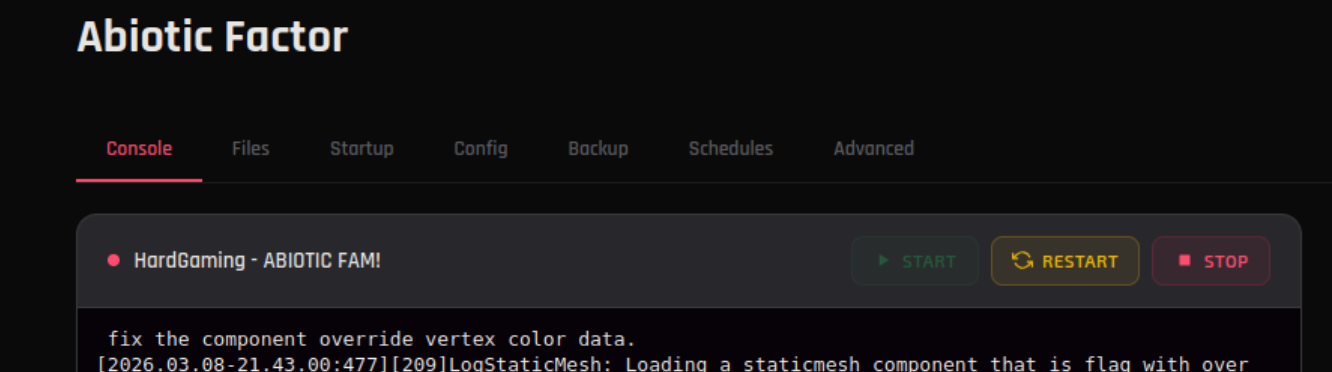 Console tab showing the Stop, Start, and Restart buttons