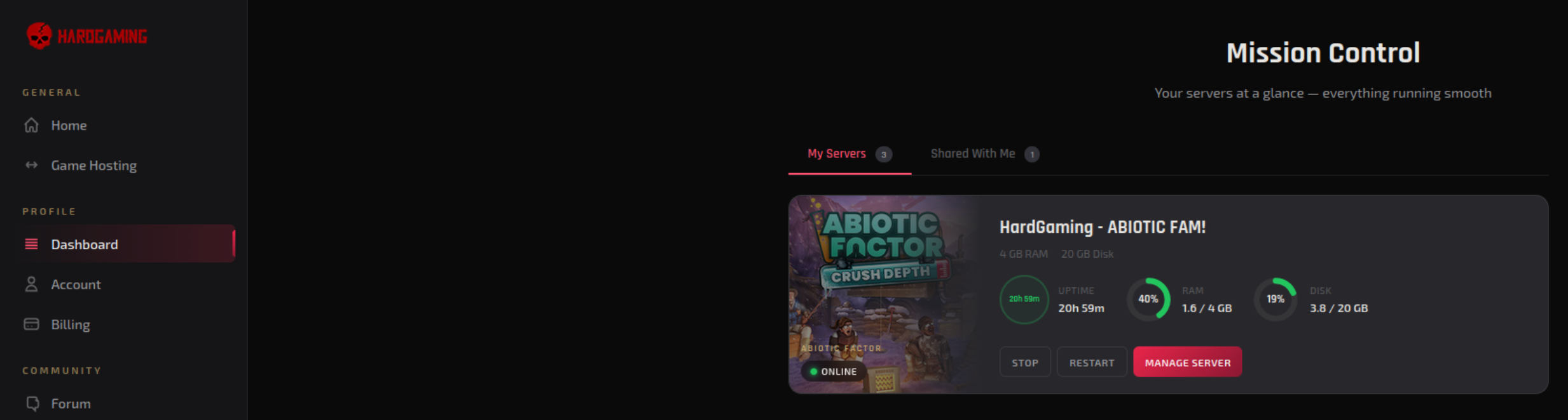 Dashboard sidebar with the Abiotic Factor server selected