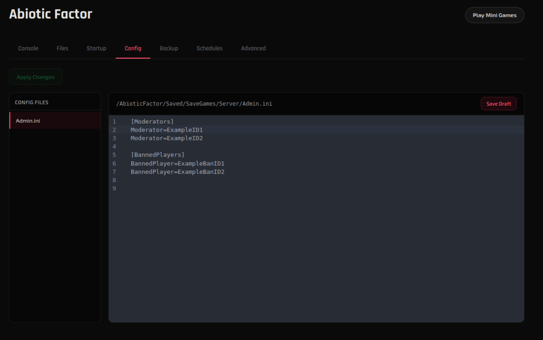 Config tab with Admin.ini file loaded in the editor