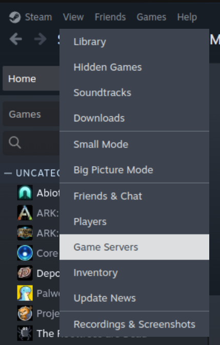 Steam View menu with Game Servers option highlighted