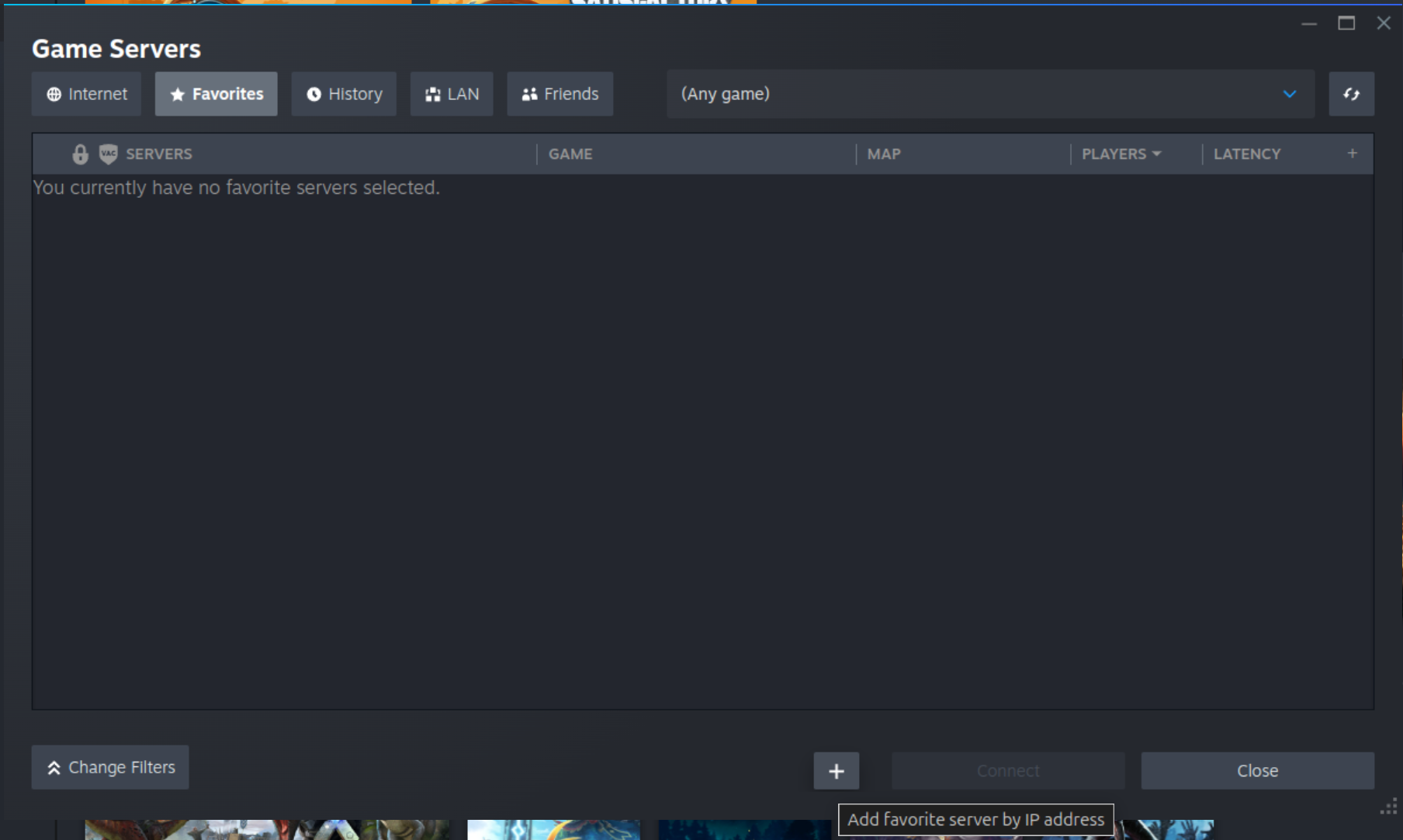Steam Game Servers window showing the Favorites tab and the add button