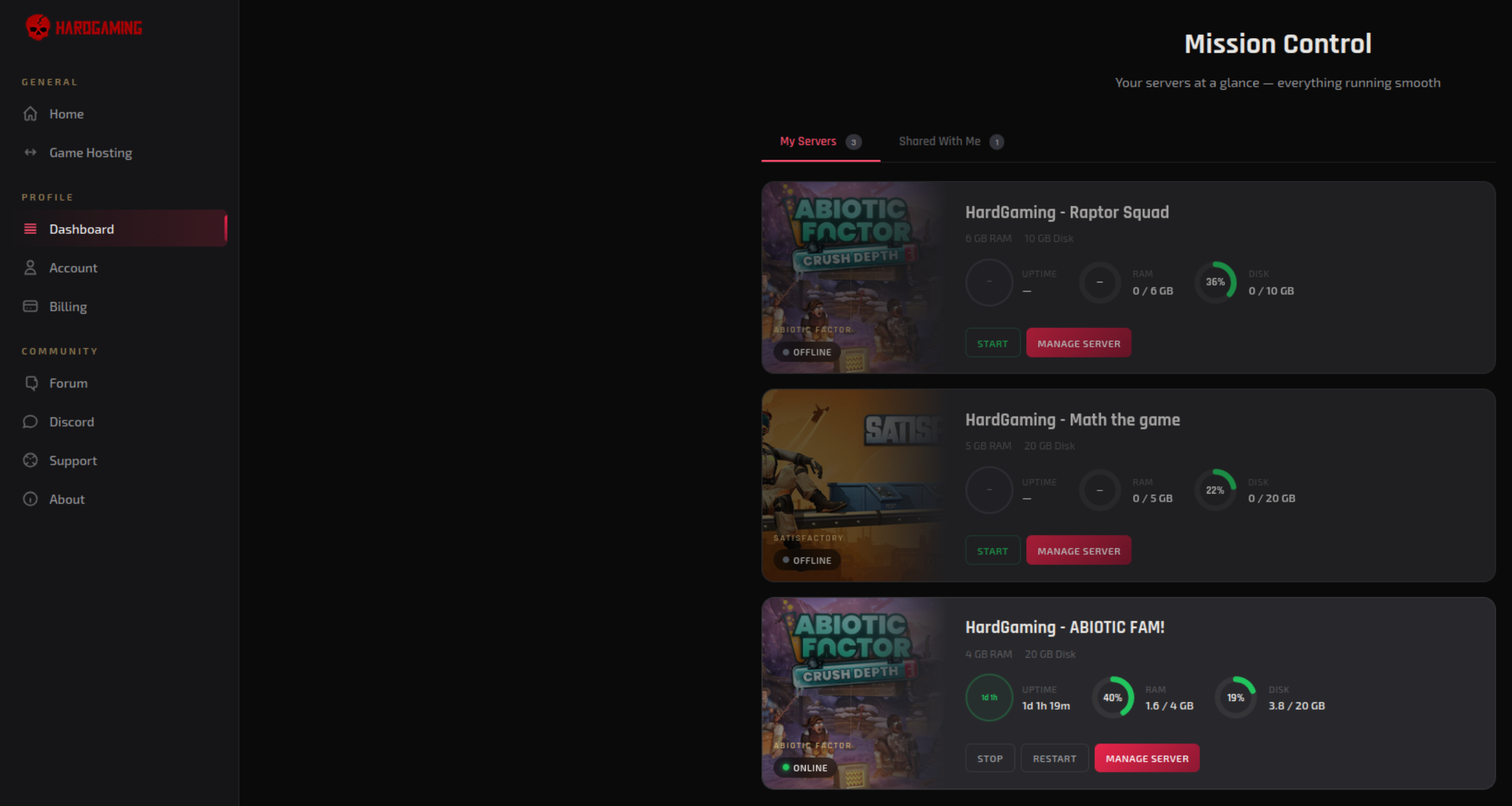 Dashboard showing available servers