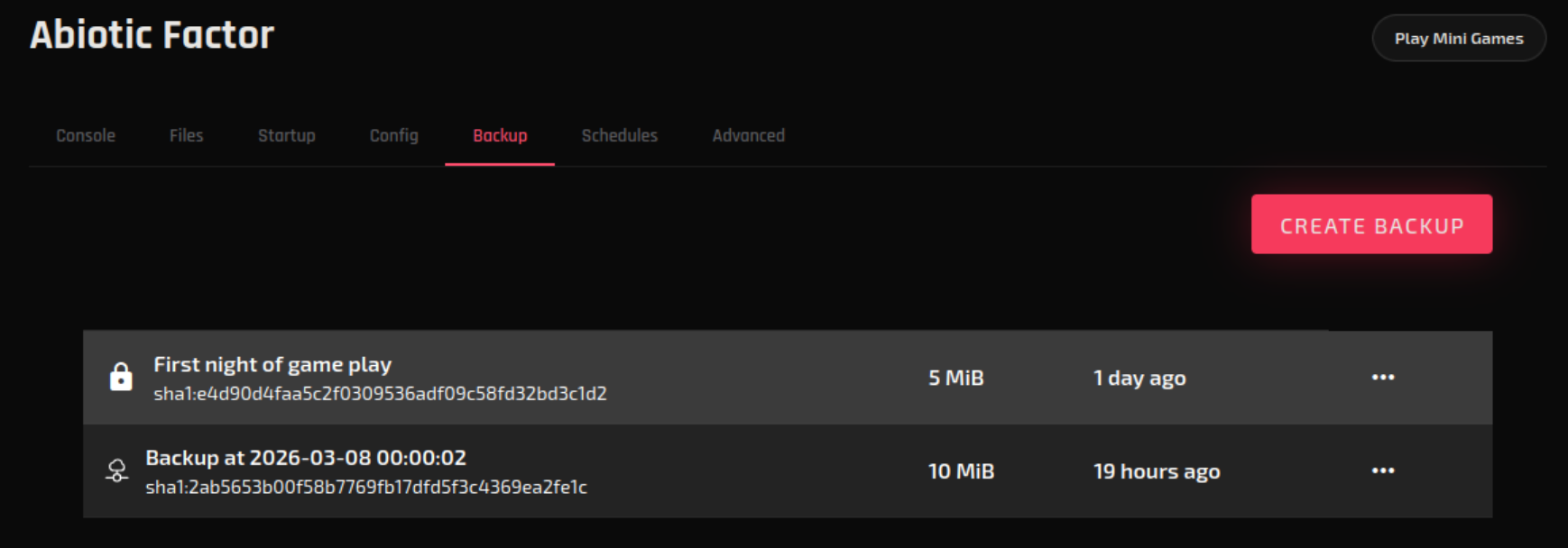 Backups page showing your server's backup history