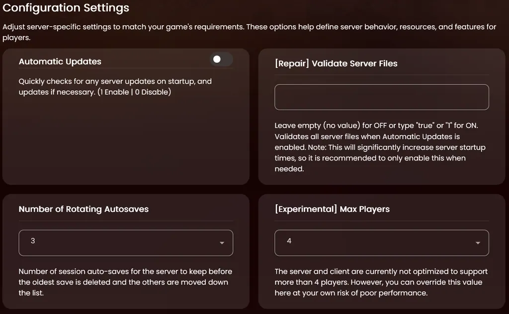 The Configuration Settings panel showing Automatic Updates, Validate Server Files, Number of Rotating Autosaves and Max Players