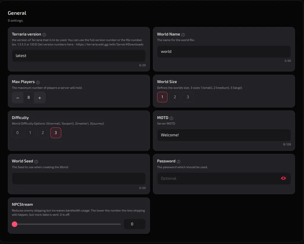 The General settings panel showing all nine Terraria world options with their defaults