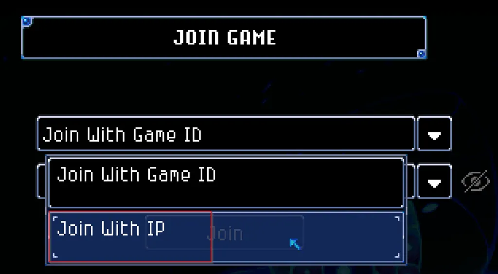 The Join Game dropdown open with Join With IP outlined in red