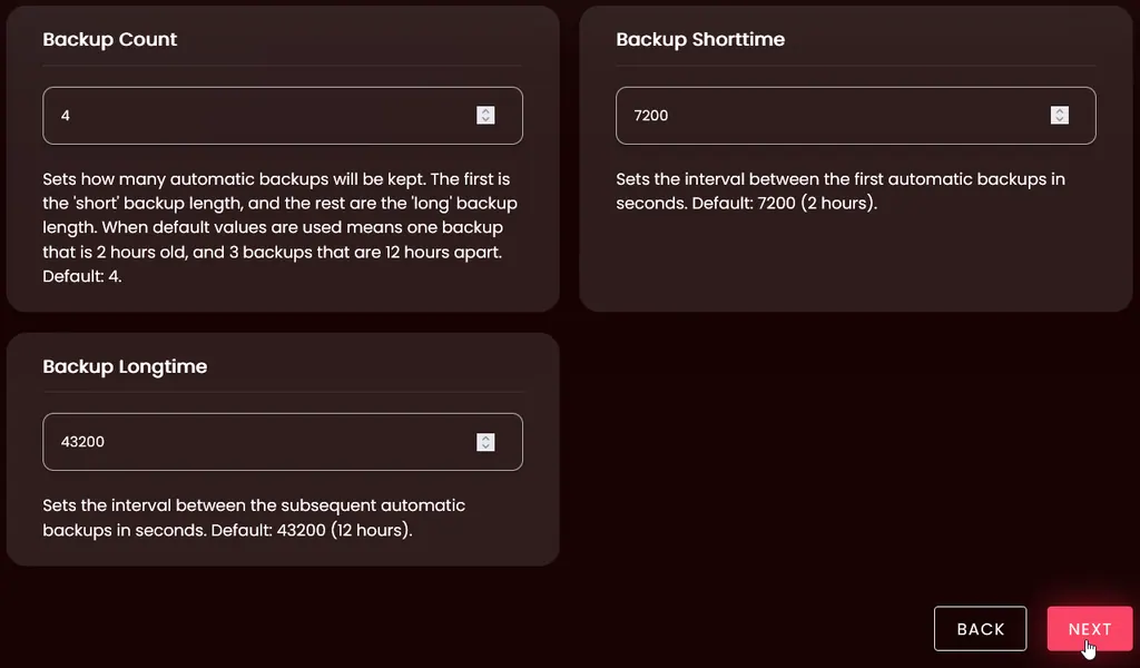 The Backup Count, Backup Shorttime and Backup Longtime fields above the Next button