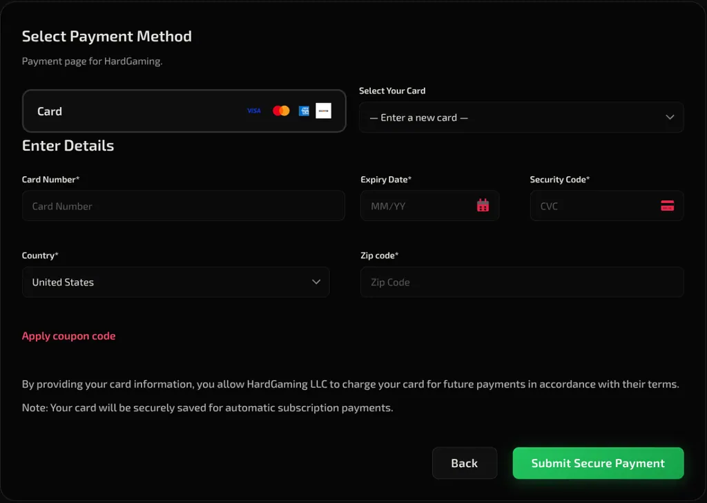 The payment form with empty card fields above the Submit Secure Payment button