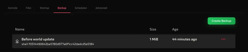 The Backup tab selected on a server, listing one backup with its name, size and age