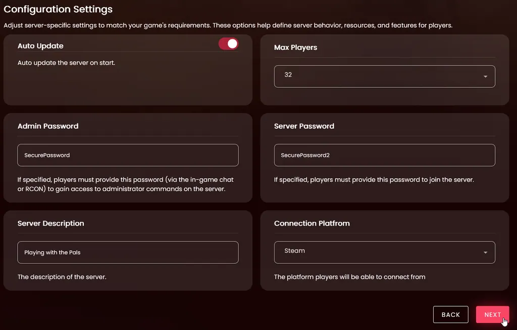 The Configuration Settings panel showing Auto Update, Max Players and the other Palworld server fields