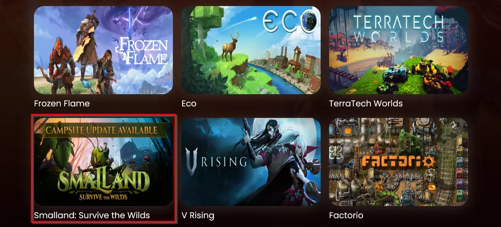 The game grid with the Smalland: Survive the Wilds tile outlined in red