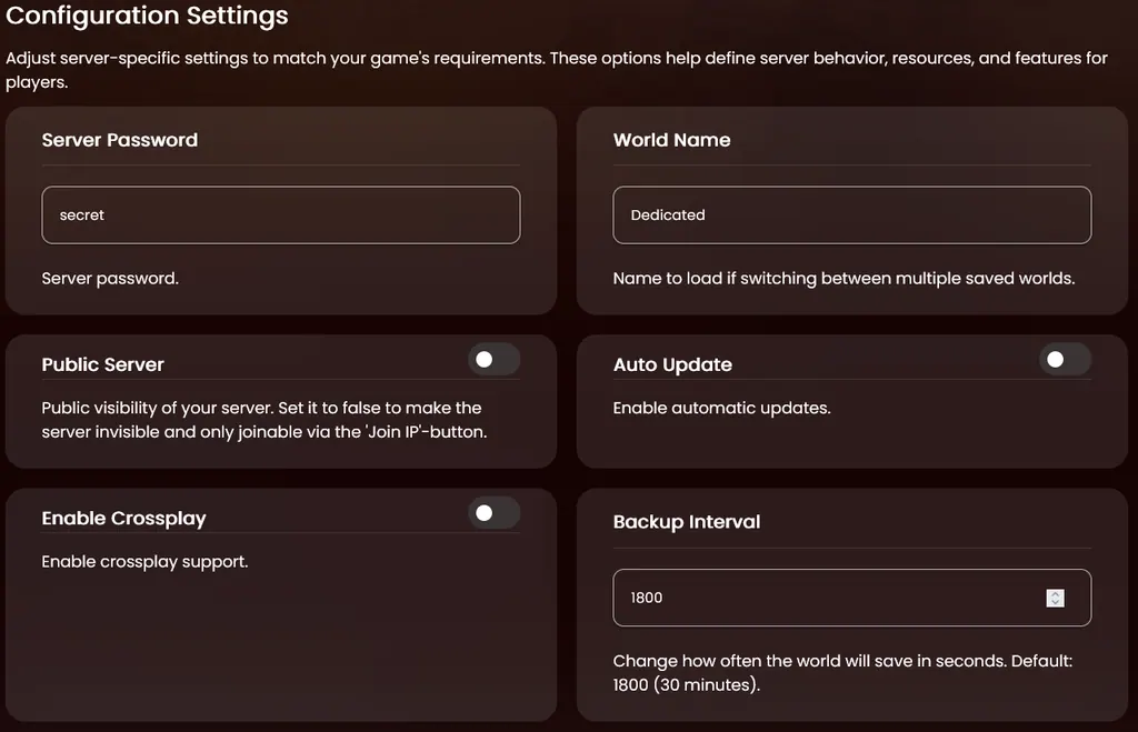 The Configuration Settings panel showing Server Password, World Name, Public Server, Auto Update and Enable Crossplay fields above the Backup Interval field