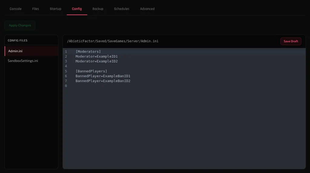 The Config tab with Admin.ini open in the editor