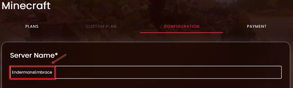 The Server Name field filled in with an example name, EndermansEmbrace