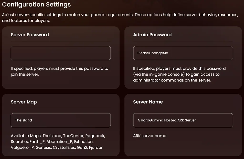 Configuration Settings panel showing the Server Password, Admin Password, Server Map and Server Name fields
