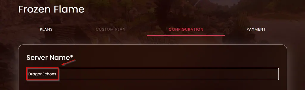 The Configuration tab with the Server Name field highlighted and a sample name entered