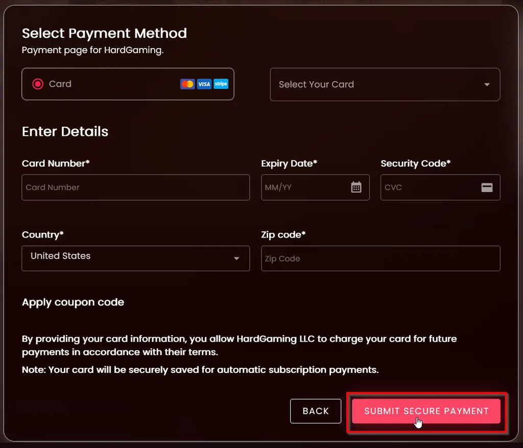 The payment form with the Submit Secure Payment button highlighted in red