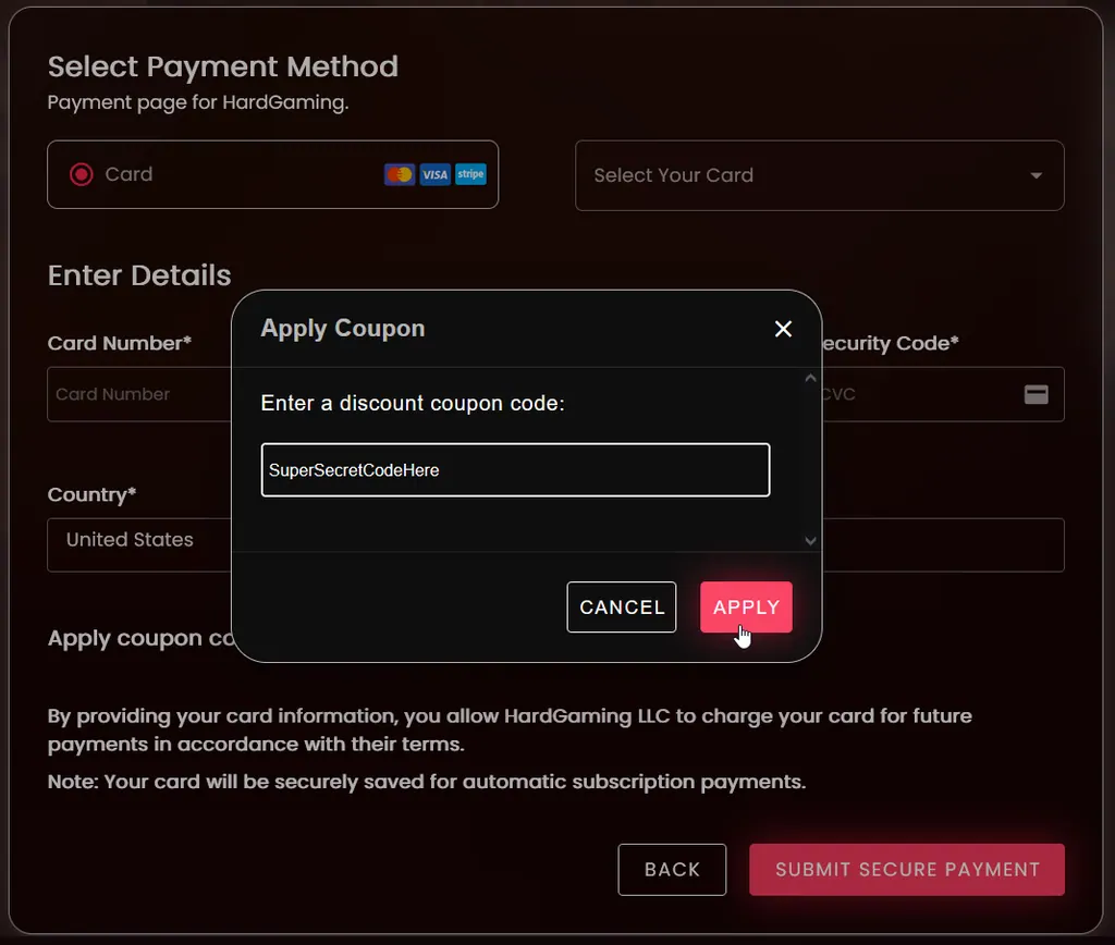 The Apply Coupon dialog with a coupon code entered, ready to click Apply