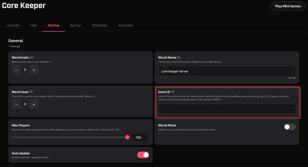 The Startup tab's General settings with the Game ID field outlined in red
