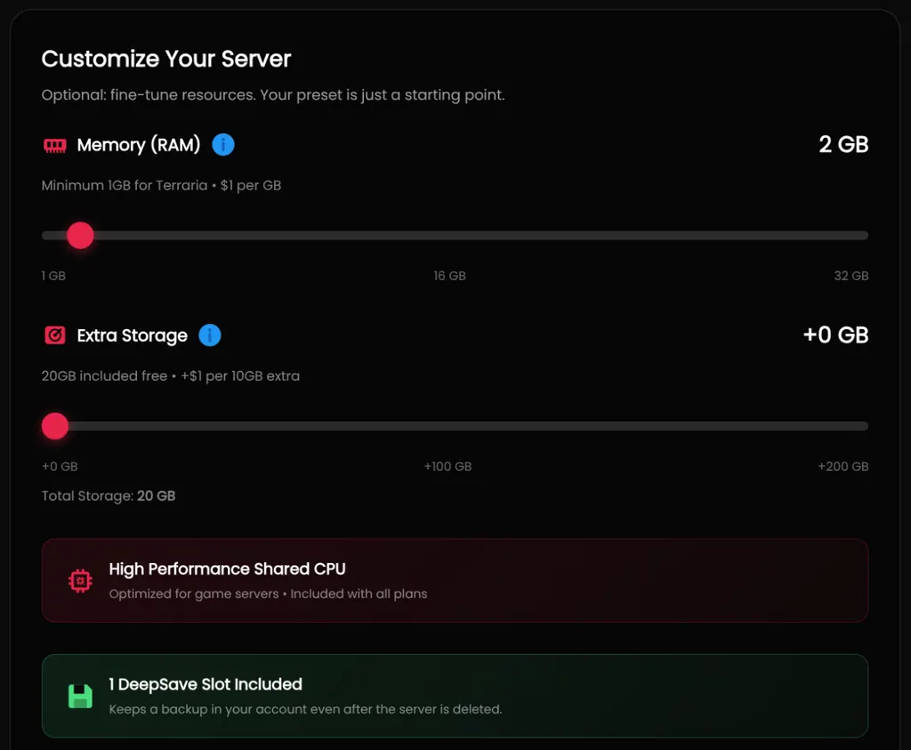The Customize Your Server panel with the memory and storage sliders and the DeepSave note