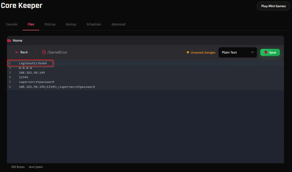 GameID.txt open in the editor with the Game ID on line 1 outlined in red