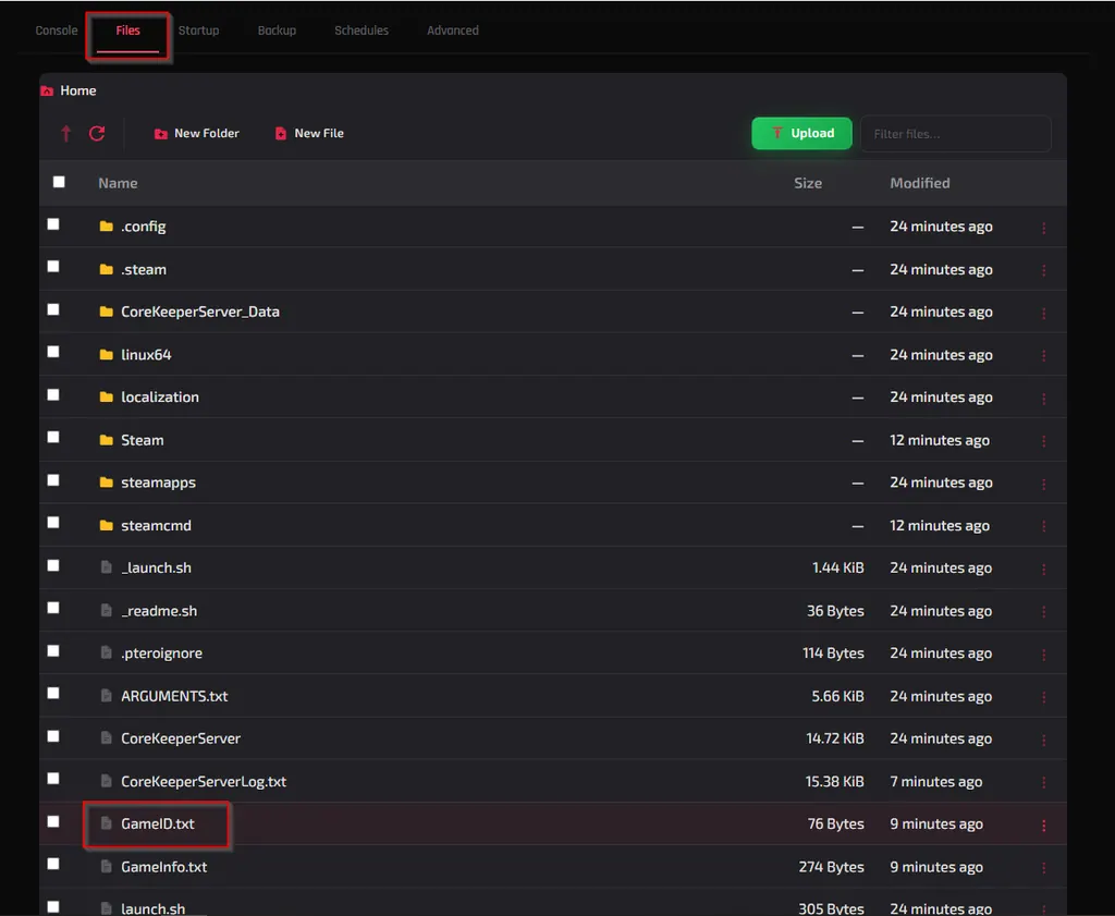 The Files tab file list with GameID.txt outlined in red
