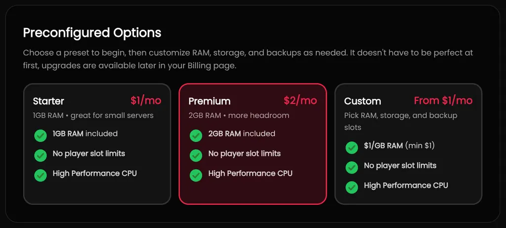 The three Terraria plan presets with Premium selected
