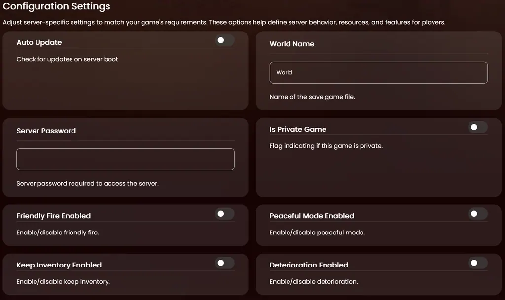The Configuration Settings panel showing Auto Update, World Name, Server Password, Is Private Game and four more toggles with their defaults