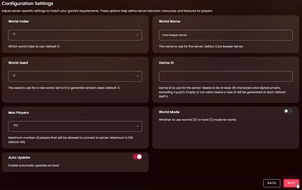 The Configuration Settings panel showing all seven Core Keeper world options with their defaults, and the Next button