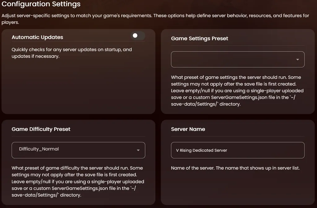 The Configuration Settings panel showing Automatic Updates, the Game Settings and Difficulty presets, and the in-game Server Name field