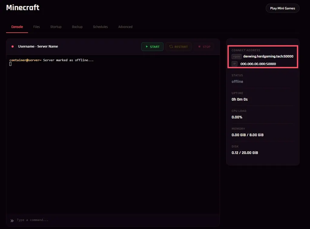 Console Area after selecting manage server with additional tabs, another option to start/restart/stop the server, and views the status and memory/disk/CPU status
