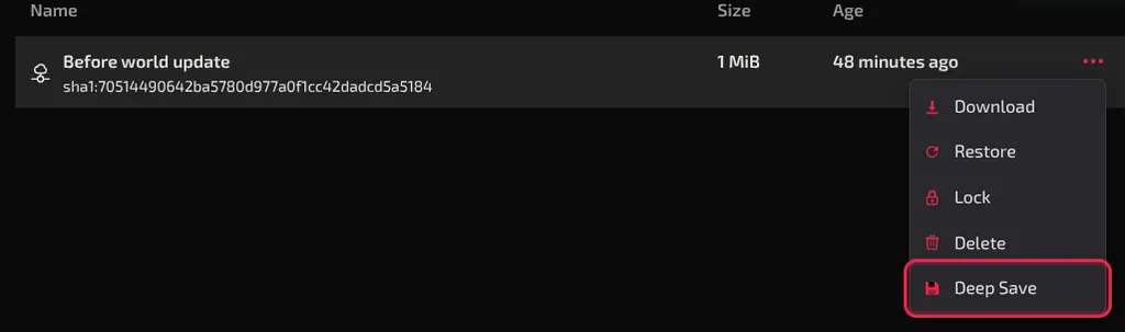 The backup row menu open with Deep Save highlighted below Download, Restore, Lock and Delete