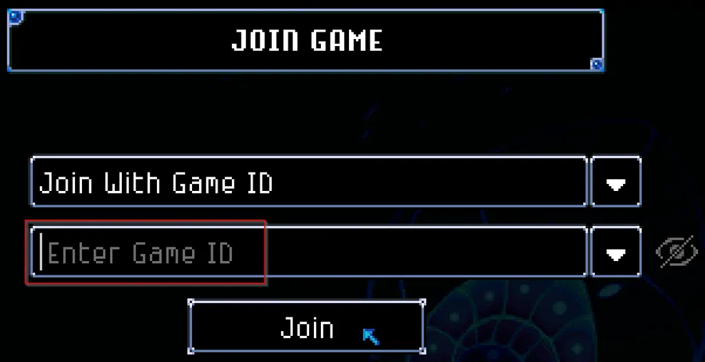 The Join Game screen set to Join With Game ID, with the empty Enter Game ID field outlined in red