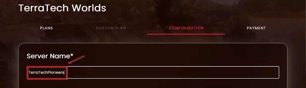 The Configuration tab with the Server Name field highlighted and filled in