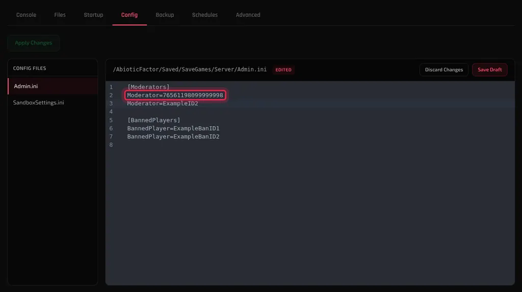 The Admin.ini editor with a real SteamID64 on the first Moderator line, outlined in red
