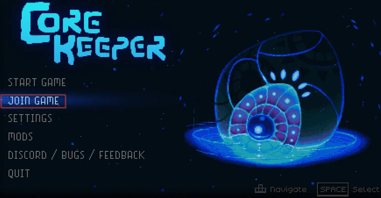 The Core Keeper main menu with Join Game outlined in red