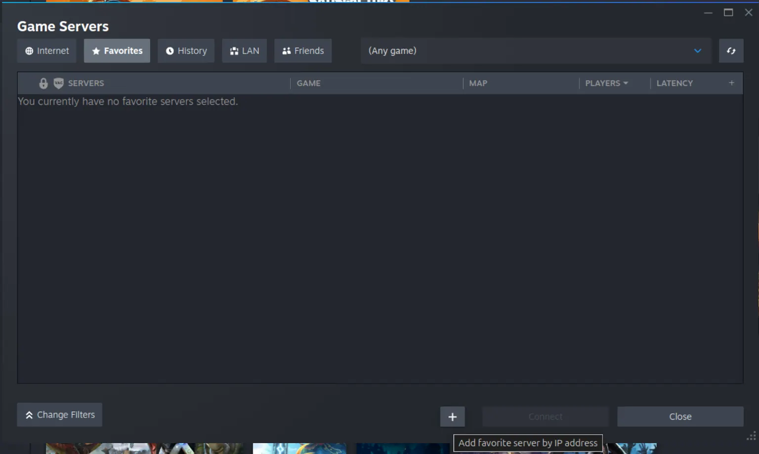 The Game Servers window on the Favorites tab with the add button at the bottom