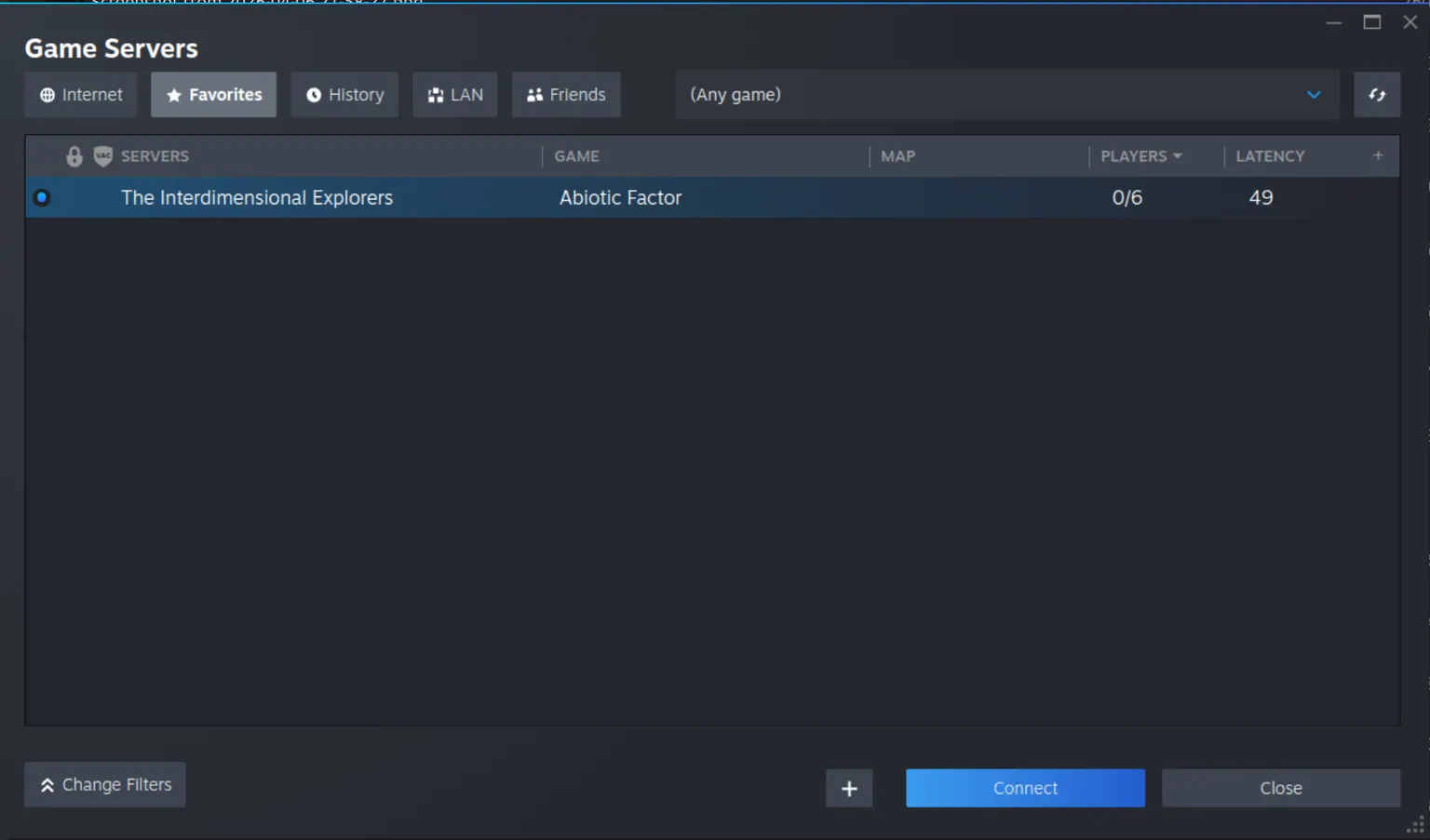 The Steam Favorites list with the server listed and the Connect button
