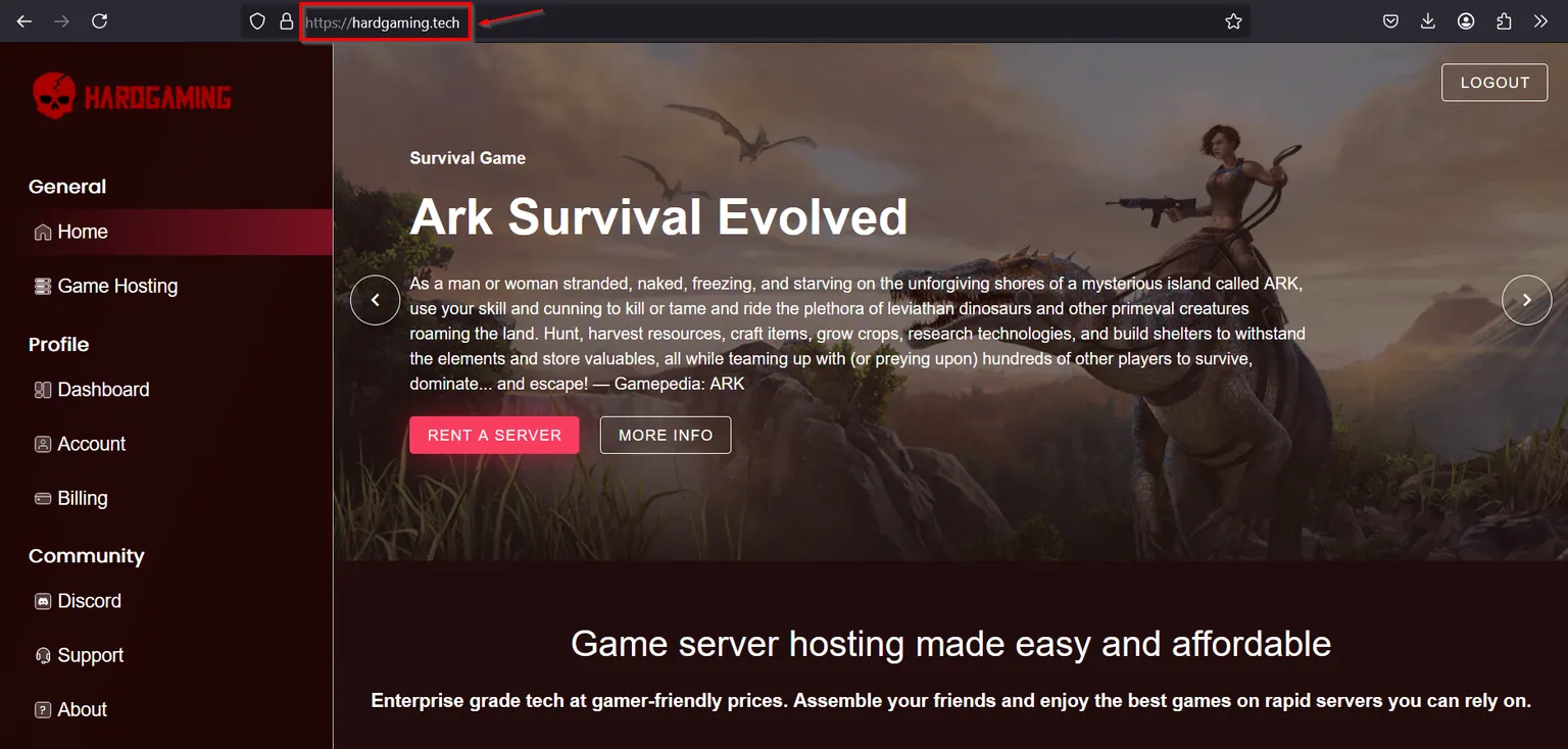 The HardGaming home page with hardgaming.tech highlighted in the address bar