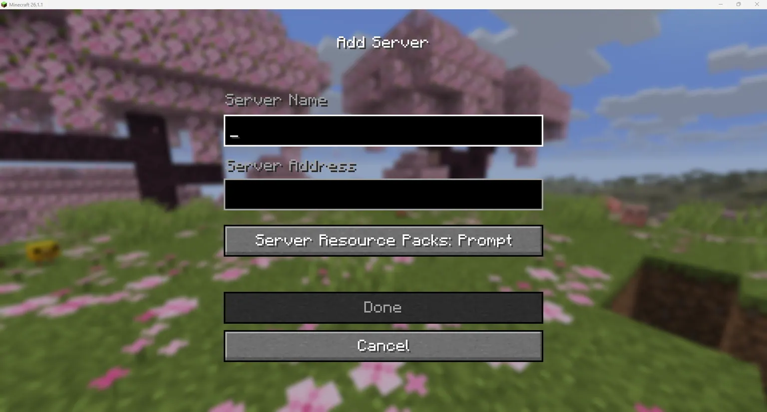 adding a server screen in minecraft with empty text box displaying server name, and server address.