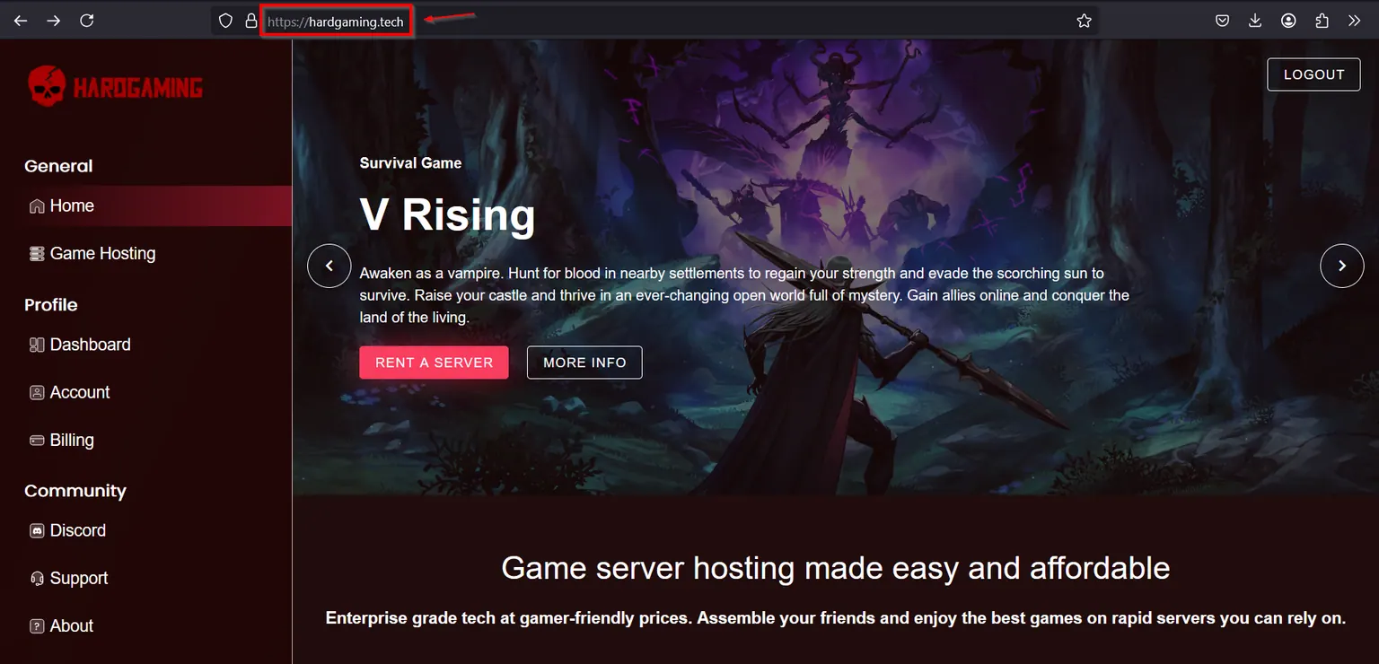 The HardGaming home page on the V Rising banner with hardgaming.tech highlighted in the address bar