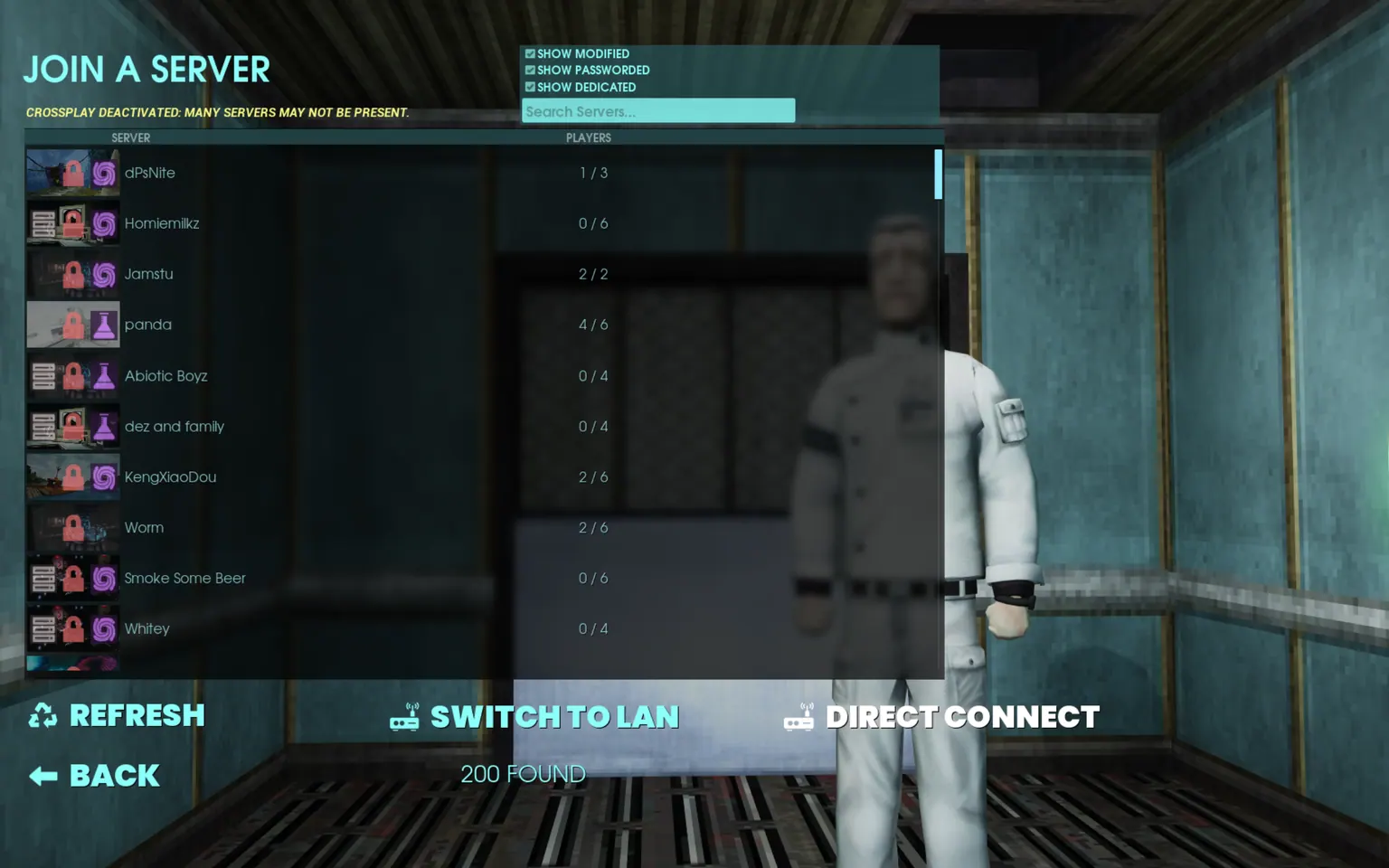 The Join a Server browser with the search field, the SHOW PASSWORDED filter and DIRECT CONNECT