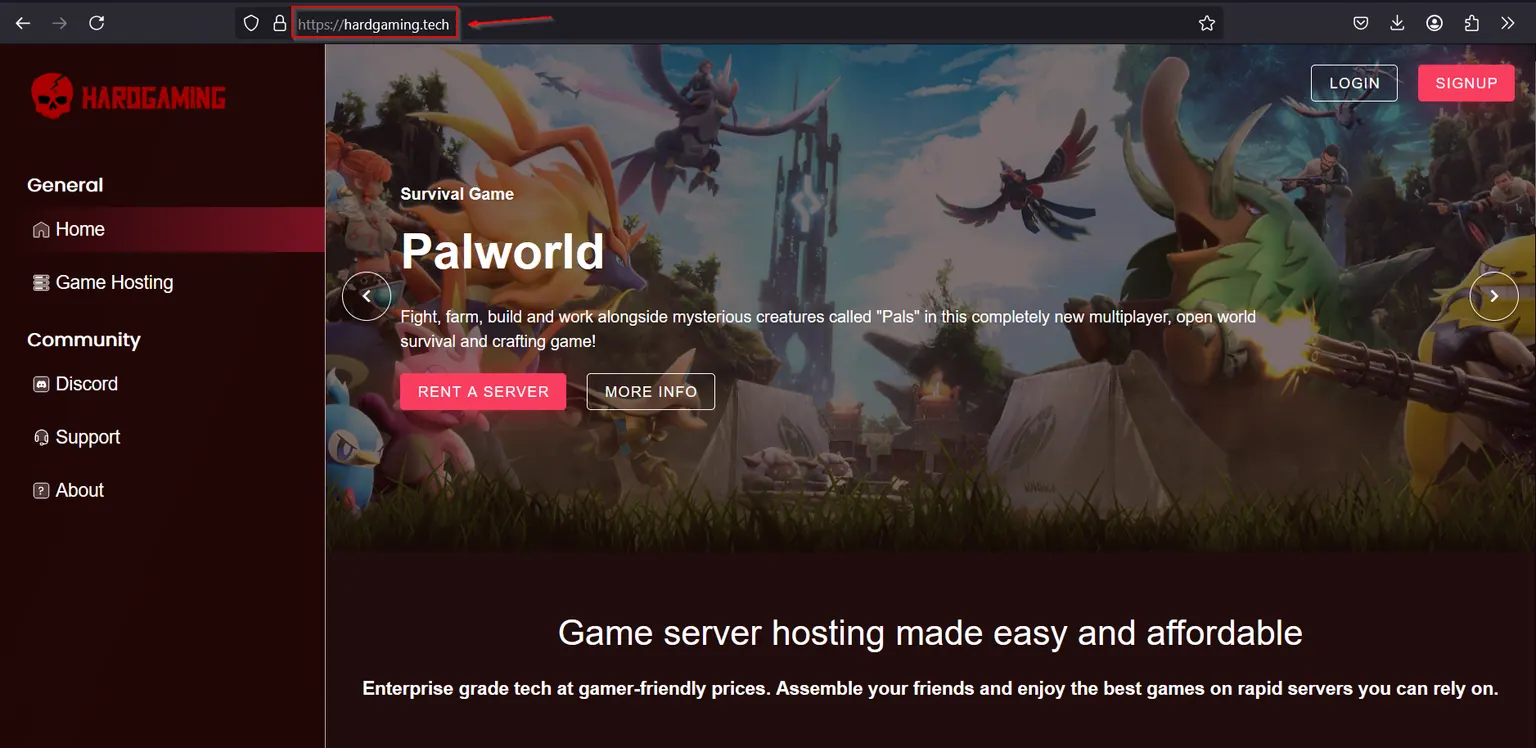 The HardGaming home page with the Palworld banner and the address bar highlighted