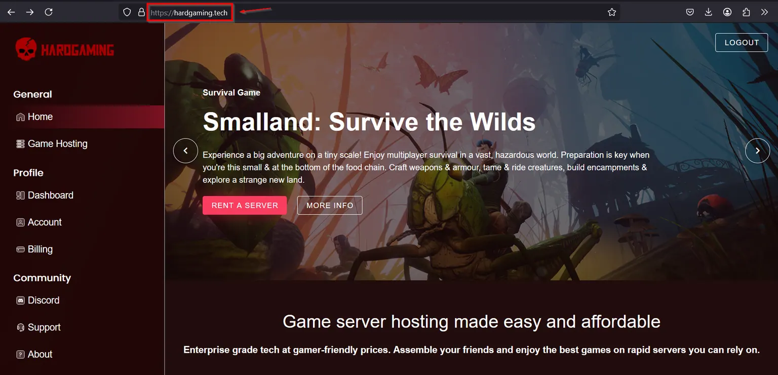 The HardGaming home page for Smalland: Survive the Wilds with hardgaming.tech highlighted in the address bar