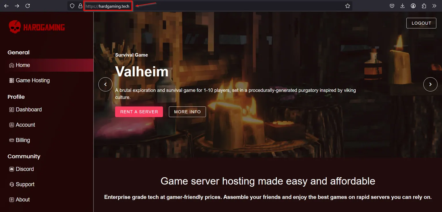 The HardGaming home page showing the Valheim listing, with hardgaming.tech highlighted in the address bar