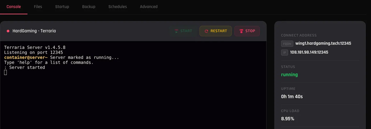 The server page showing status running, the connect address, and Server started in the console