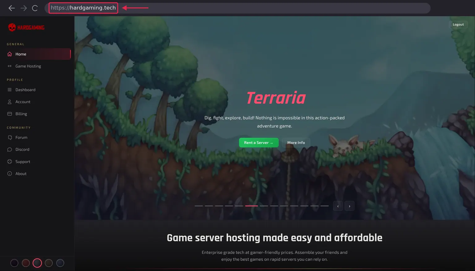 The HardGaming home page with hardgaming.tech highlighted in the address bar