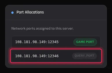 The Port Allocations panel on the Advanced tab showing a game port and a query port