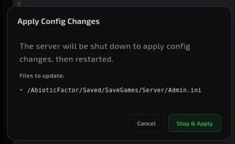 The Apply Config Changes dialog listing Admin.ini, with the Stop and Apply button