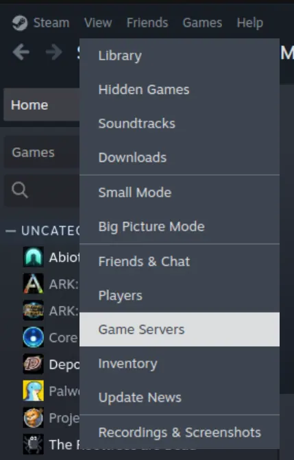The Steam View menu with Game Servers